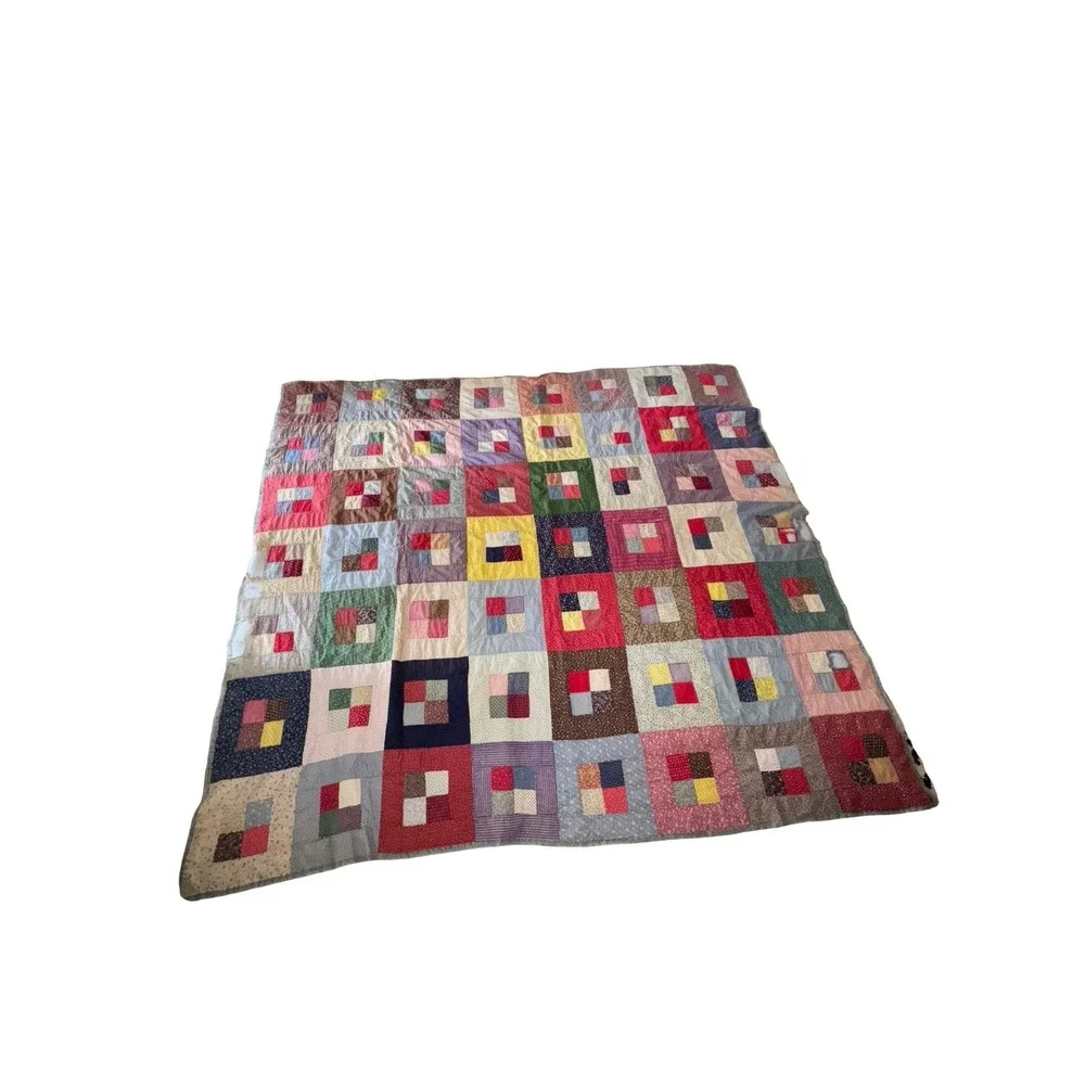 Antiques Country Squares Quilt, Handmade Patchwork Quilt Fits a queen bed FLAWED